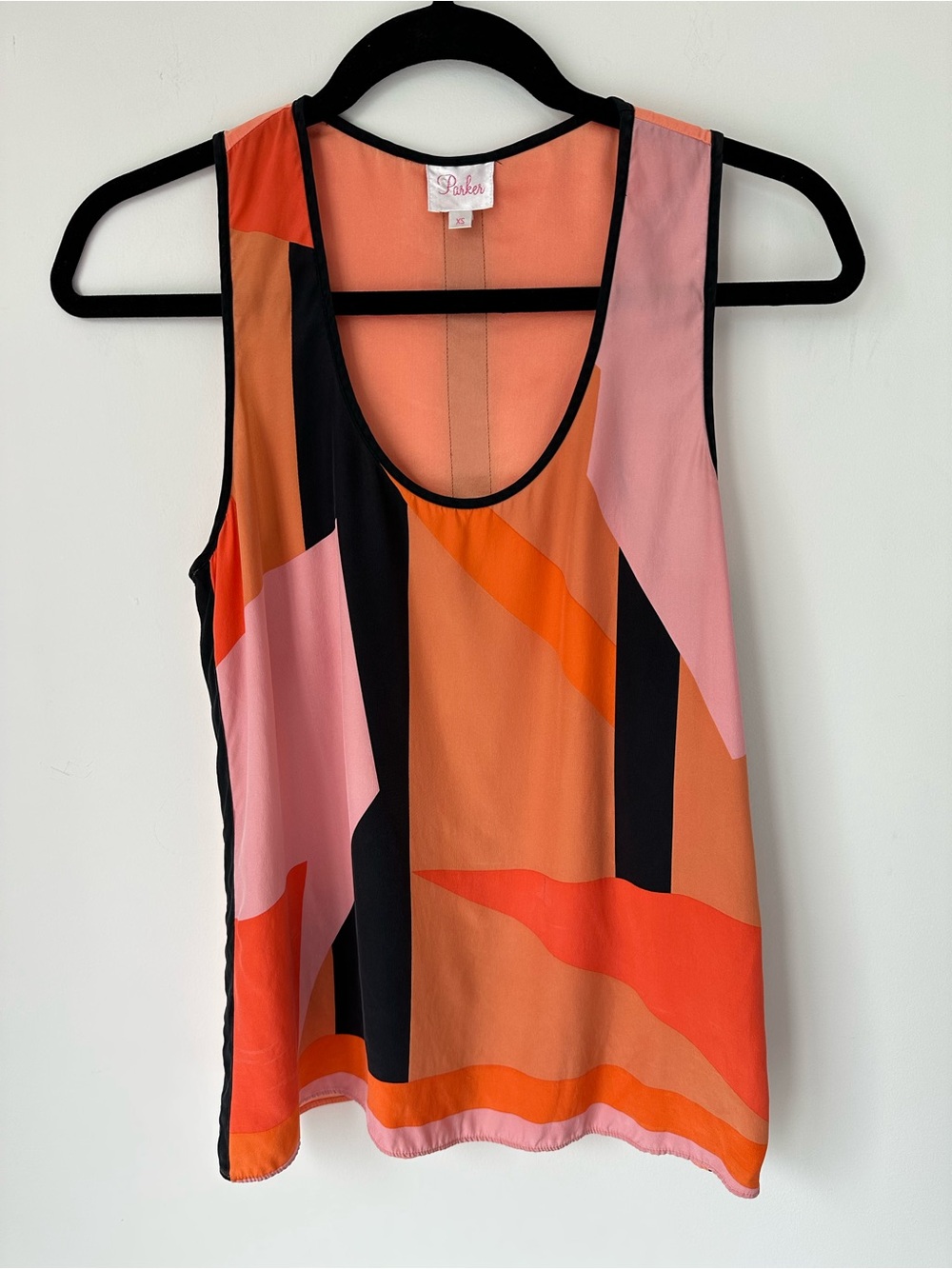 Parker 100% Silk Sleeveless Abstract Print Racer Back Tank Top - Pink & Orange